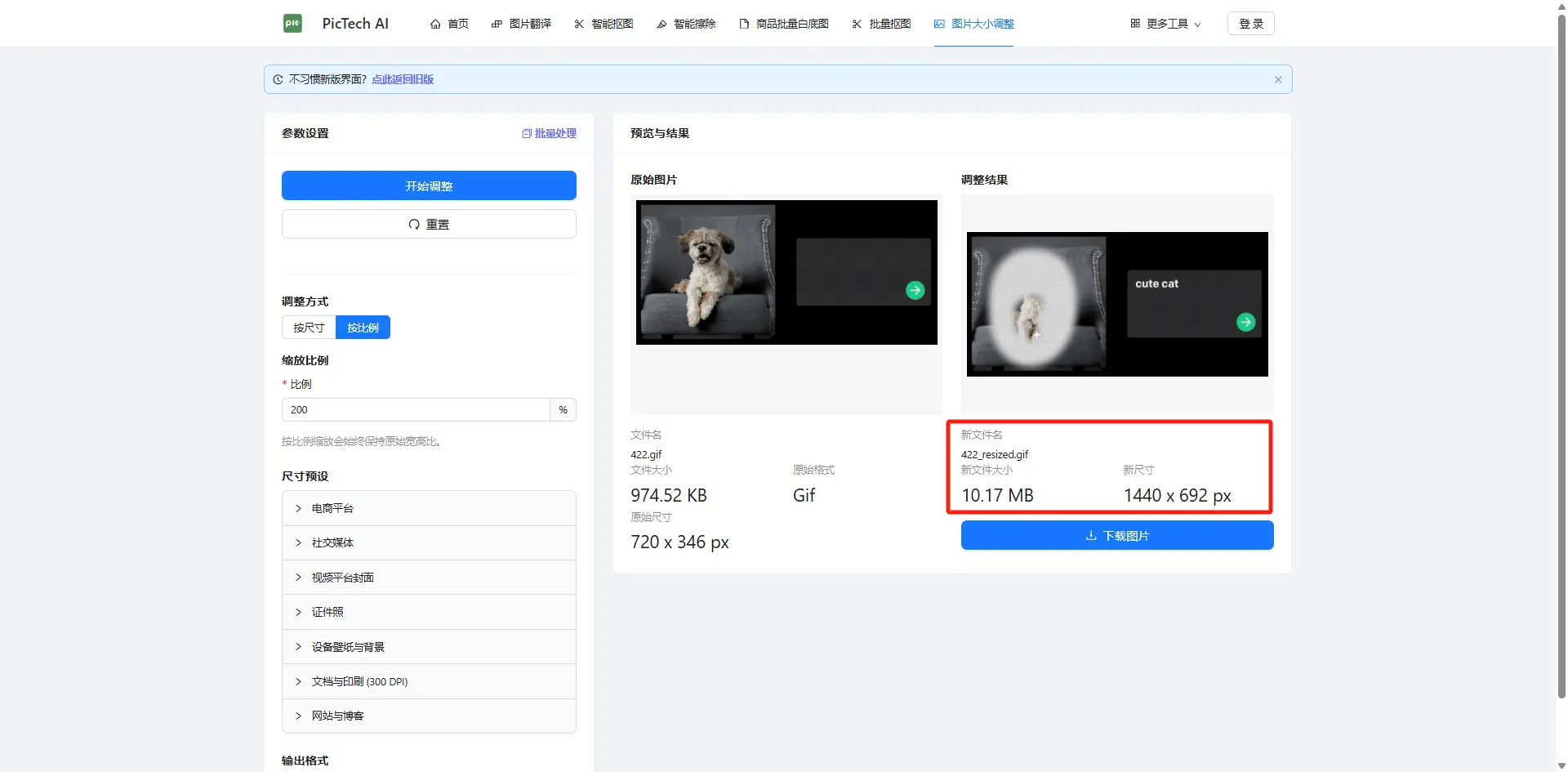 处理完成后的预览图，预览图是一个正在播放的GIF，旁边有下载按钮